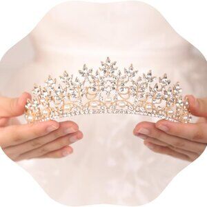 Gold Alloy Pearl Crystal Tiara Crown Wedding Bridesmaid Headband Hair Accessorie